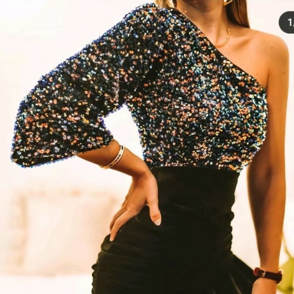 Zara Blue Sparkle Assymetric sequin top